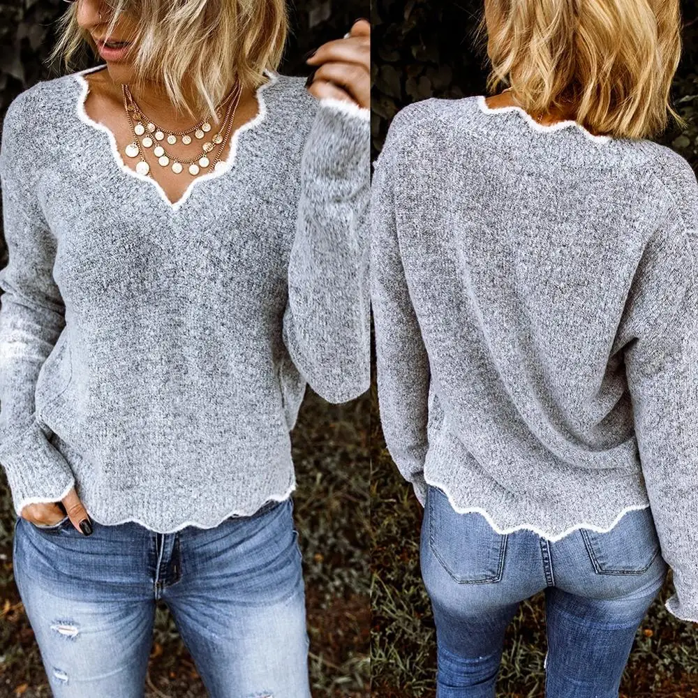 Модный однотонный осенне-зимний свитер с v-образным вырезом Женский вязаный