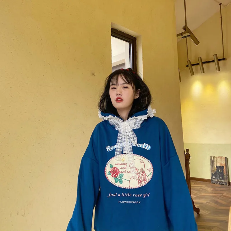 

HOUZHOU Kawaii Cute Hoodie Oversized Harajuku Korean Fashion Pullover Soft Girl Streetwear Women Aesthetic Lace Sudaderas