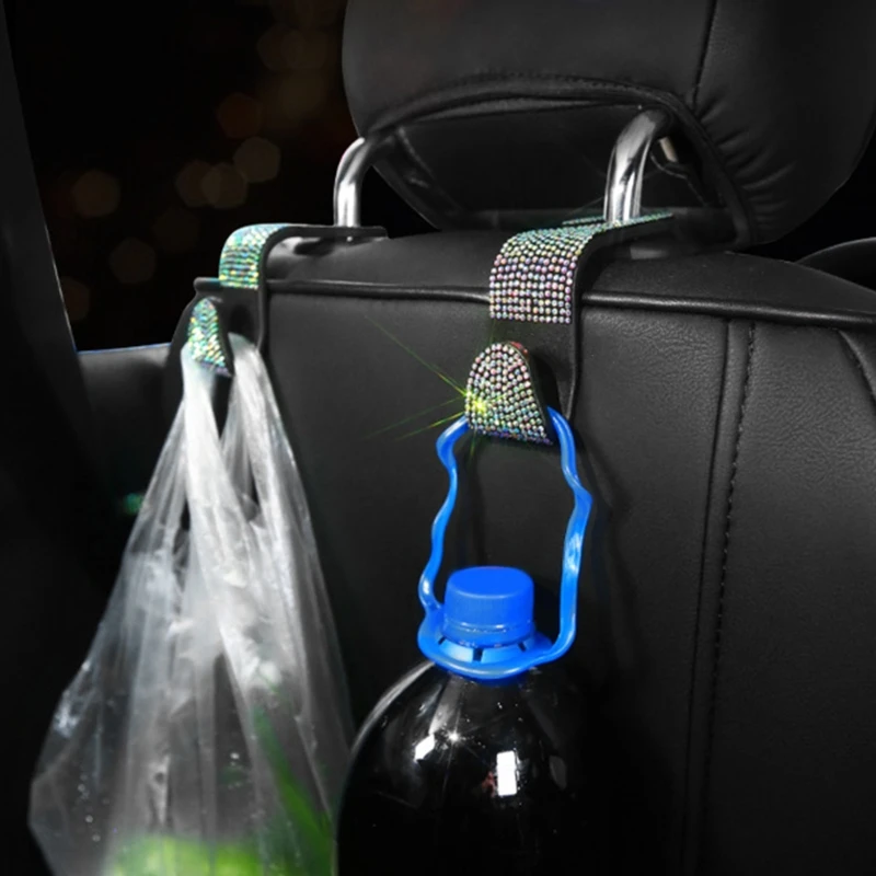 

2 Pcs Car Hooks Handmade Diamond Car Headrest Hangers Grocery Bags Organizer Universal Auto Hooks Car Seat Water Bottle Holder