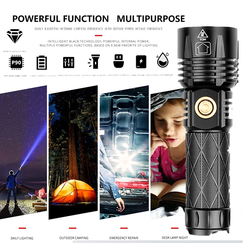 

High Quality 4-core XHP90.2 Led Flashlight Rechargeable Powerbank 18650 26650 Battery Torch Aluminum Zoomable Waterproof Lantern