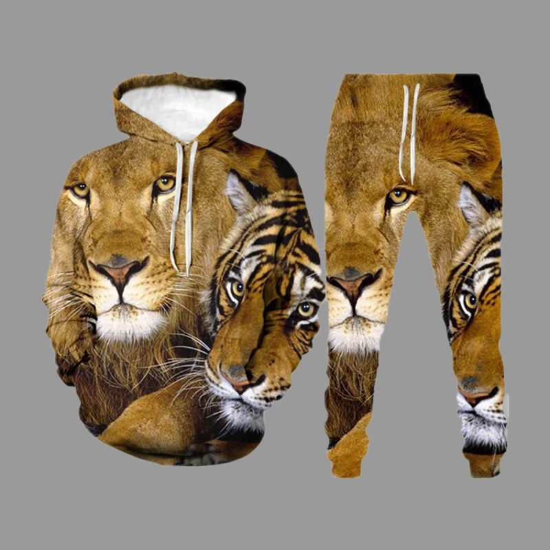 2021 Autumn Trendy Hoodie Sweatshirt Men's Sets Lion 3d Printed Hip Hop Funny Clothing Outfits Long Sleeve Tops and Pants Suit