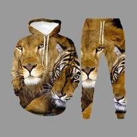 2021 autumn trendy hoodie sweatshirt mens sets lion 3d printed hip hop funny clothing outfits long sleeve tops and pants suit