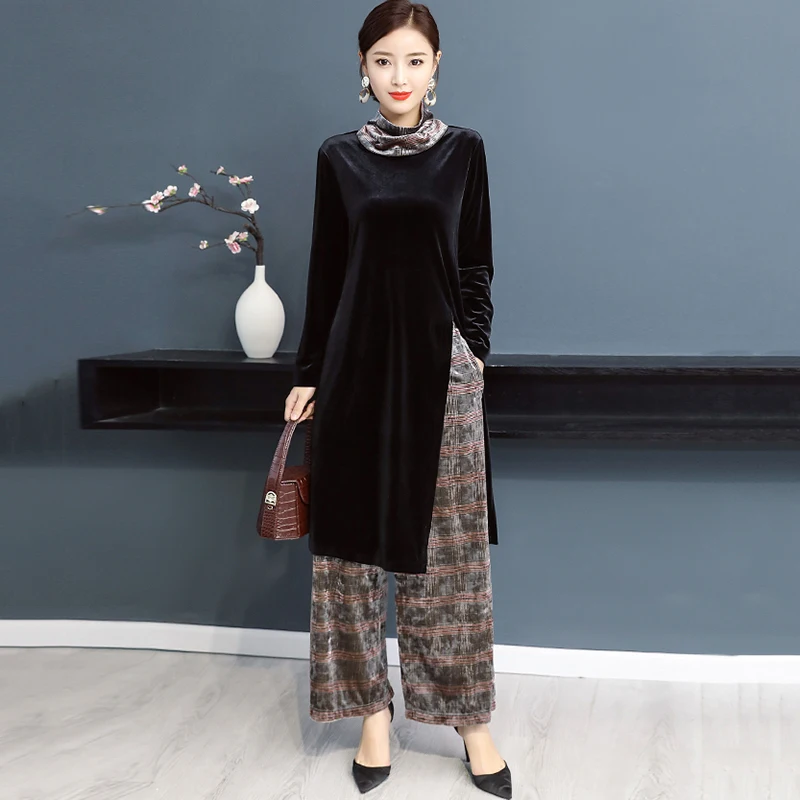 

Модный костюм с золотыми бархатными брюками, женские весенние комплекты, новинка, женская рубашка с высоким воротником и широкие брюки, ком...