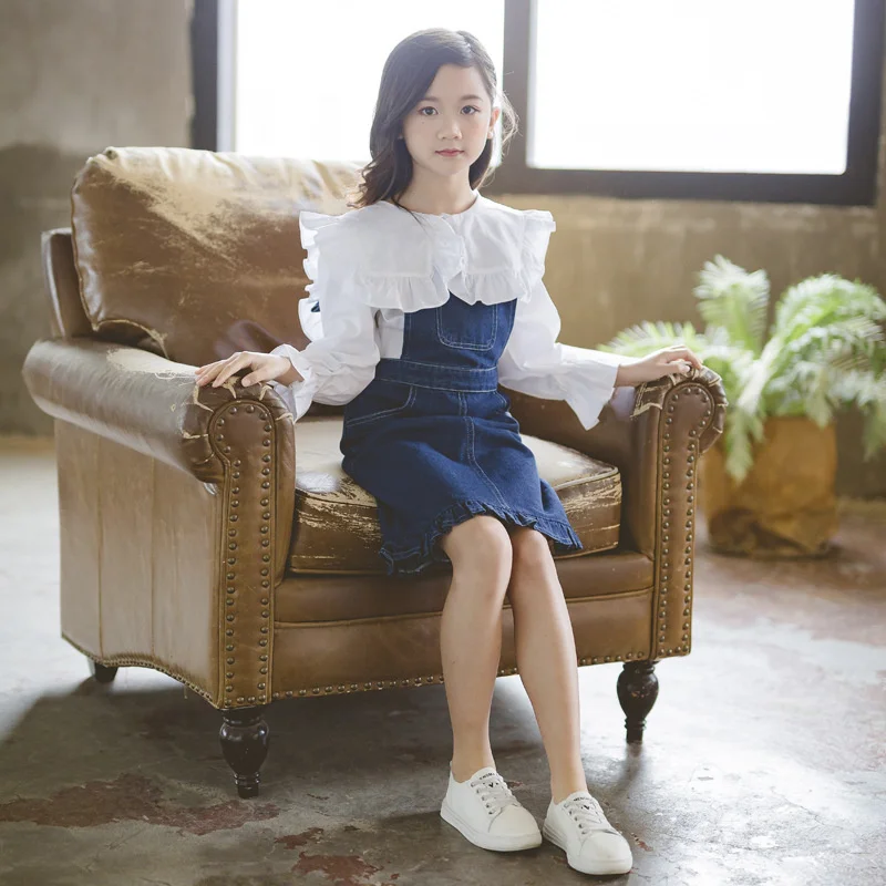 Новый костюм с длинным рукавом для девочек юбкой рюшами на лямках Лето