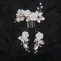 floralbride handmade baroque style alloy leaf ceram flower pearls bridal hair comb earring set wedding bridesmaids women jewelry
