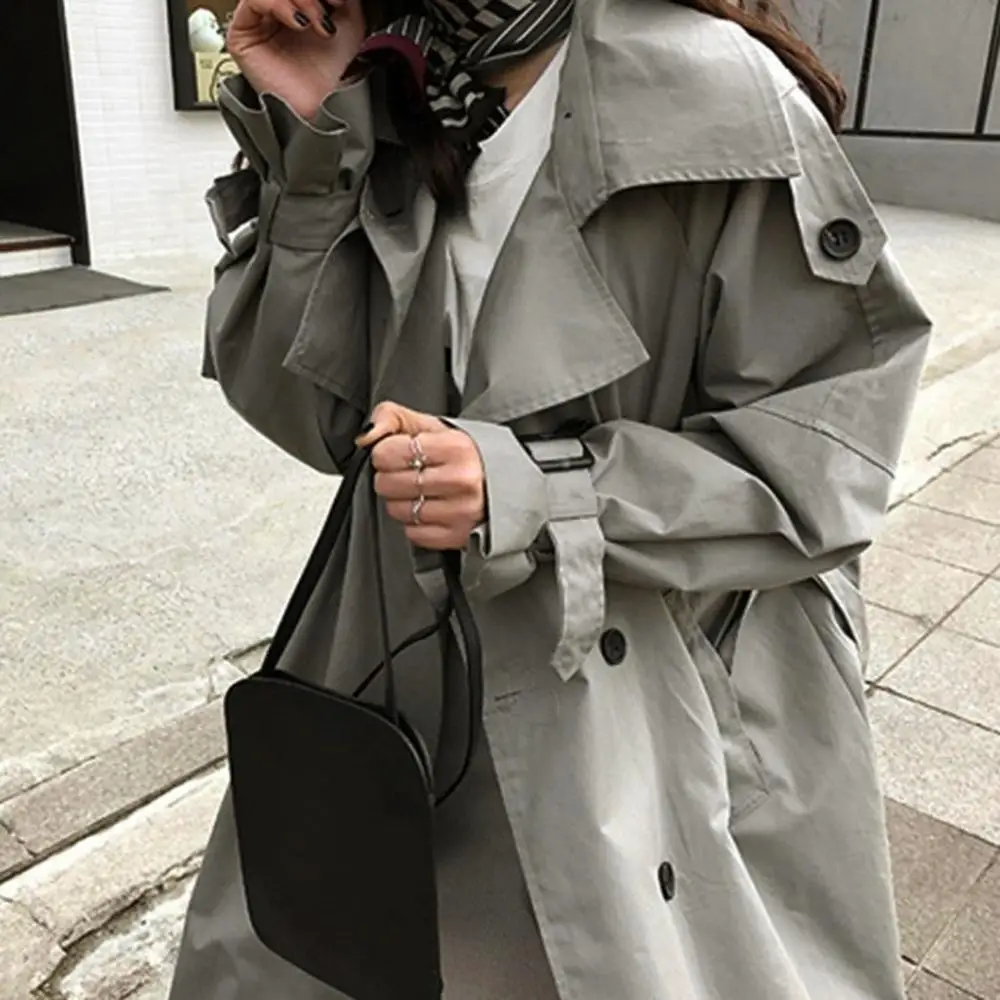 

2019 Long Trench Coat Women Fashion Autumn Winter Solid Belt Button Lapel Elegant Shawl Windbreaker Coat