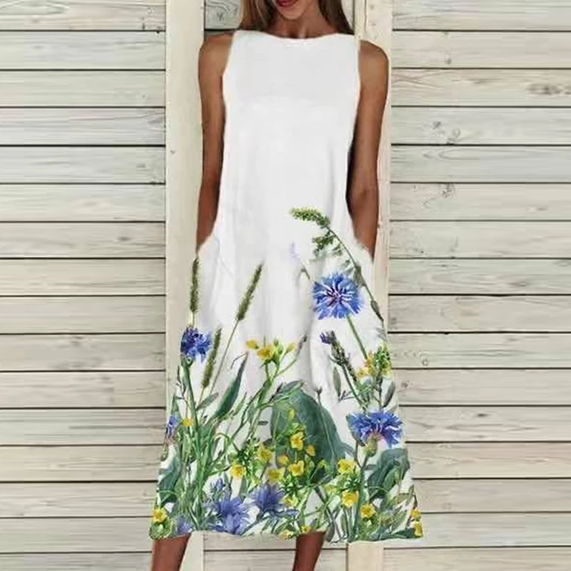 

Elegant Sleeveless Spring Summer Party Dress Fashion Floral Print A-Line Long Dresses Women Vintage O Neck Casual Dress Vestidos
