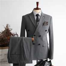 OIMGMen – costume deux pièces à double boutonnage pour hommes, costume d'affaires slim de style coréen, beau costume tendance  (1)