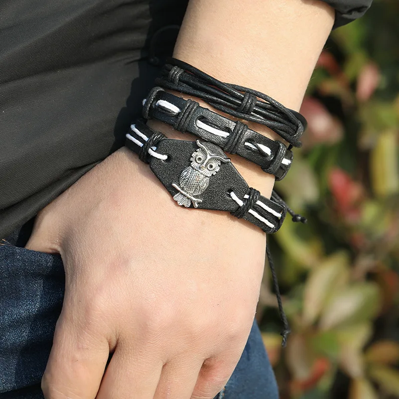 

AJC Men's Jewelry Bracelet Owl Jewelry Layer Vintage Braided Leather Bracelet DIY6 Piece Combination Men's Bracelet