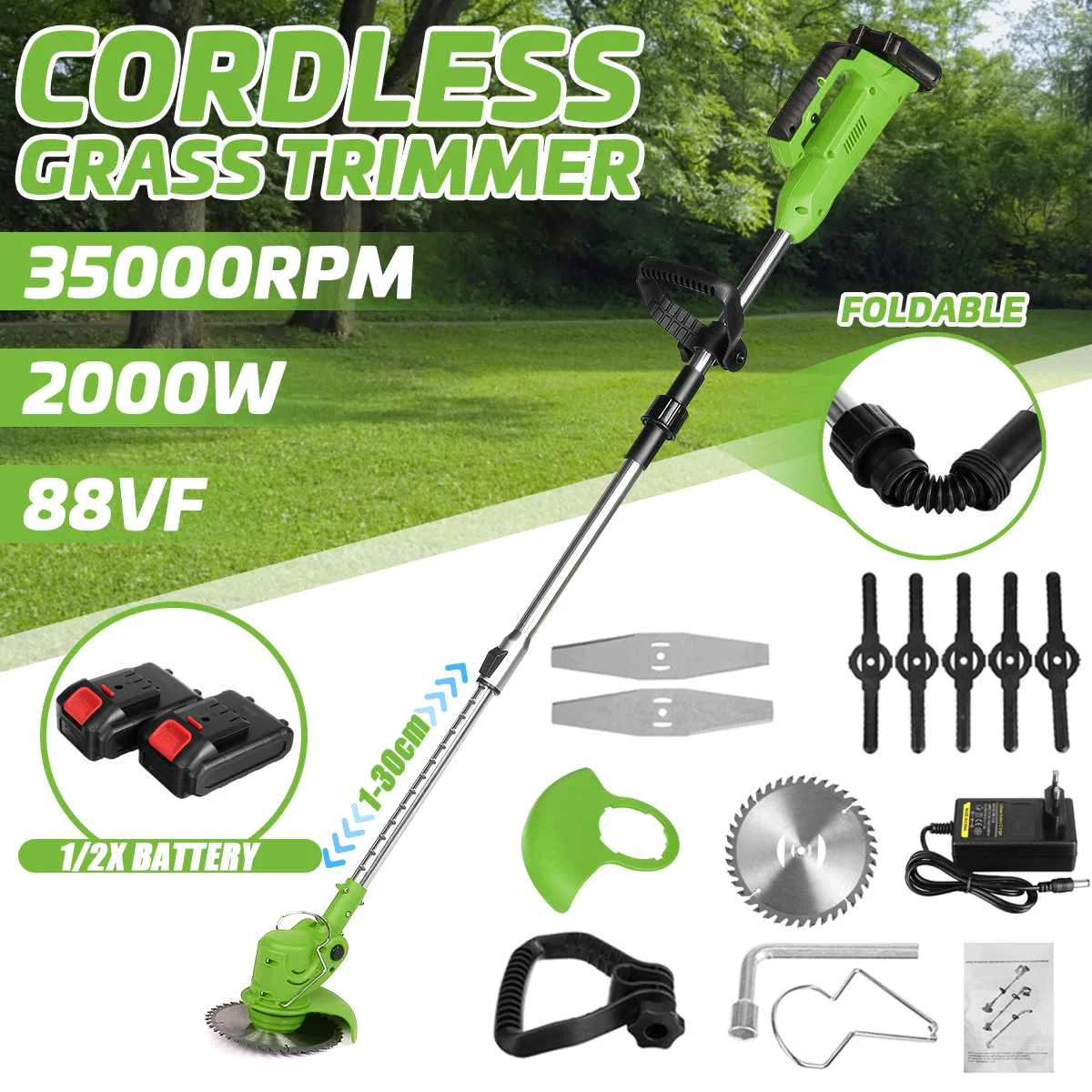 

35000RPM 2000W 24V Cordless Electric Lawn Mower Li-ion Grass Trimmer Pruning Garden Power Tools With 2x6000mAh Batteries