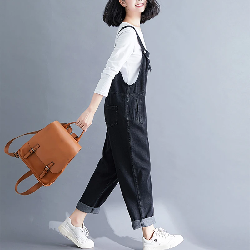 Women Loose Casual Jumpsuits Large Size Cotton Denim Overalls for Rompers Vintage Black Wide Leg | Женская одежда