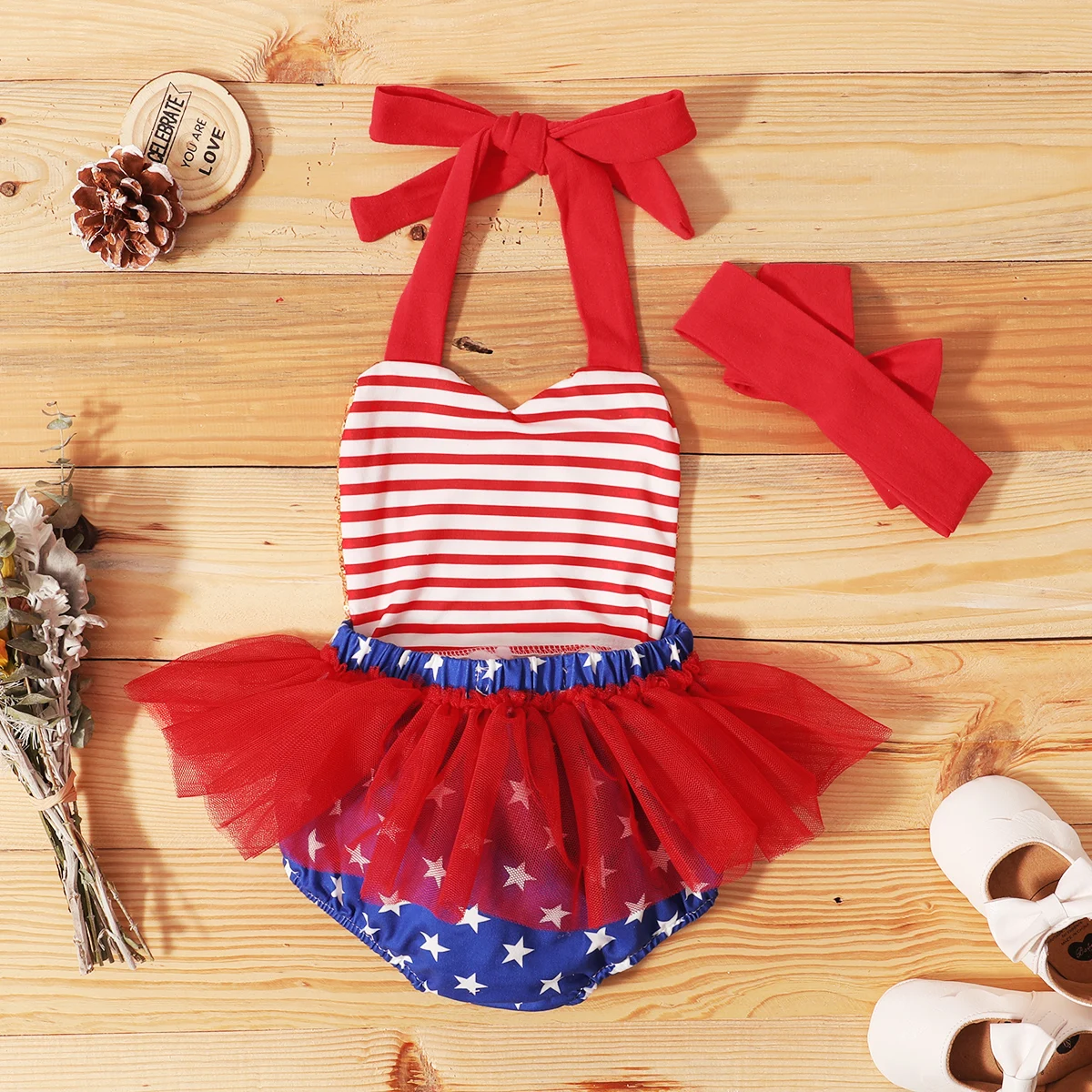 

Independence Day Baby Girls Outfit, Infant Sequins Decoration Mesh Splicing Sleeveless Halter Romper + Bow Headwear