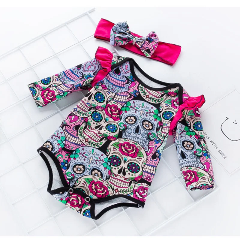 

Spring and Autumn Infant Halloween Skull Printed Bodysuit Baby Girls Long Sleeve Soft Breathable Triangle Romper with Headwear