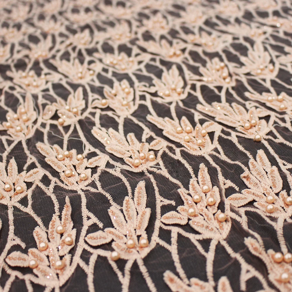 

French popular orange beaded lady dress lace embroidery fabrics