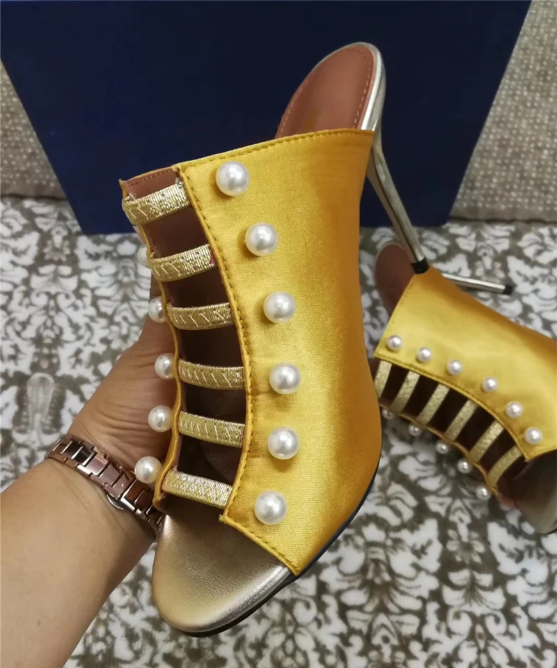 

Retro Style Cut Out Peep Toe High Heel Sandals Women Stiletto Heel Button Pearl Satin Narrow Band Fashion Outwear Lady Mules