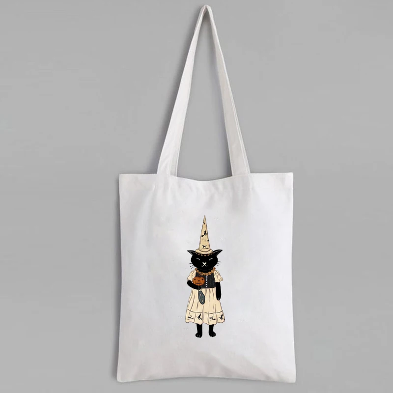 

Spooky Cat Canvas Bag Horror Movie Squad Tote Bags 2021 Halloween Cartoon Custom Shopping Bags with Logo Eco Friendly