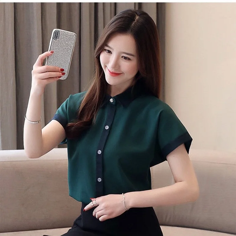 

2021 Summer Women's Simple Short Sleeve Stitching Contrast Color Fashion Turndown Collar Casual All-match Shirt Women Y982