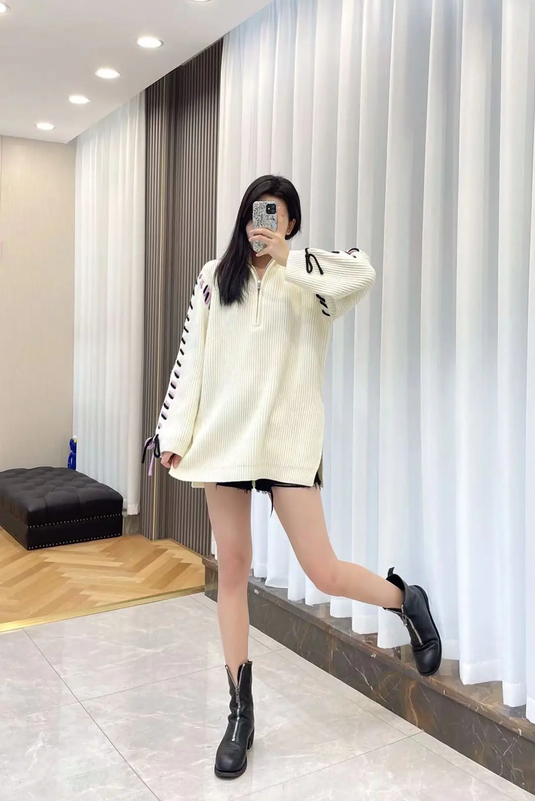 

R Home Autumn winter new fashionable line hits color to sew to feel high-necked zipper wool knitting sweater loose languid coat