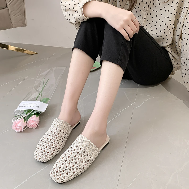 Плетеные тапочки на плоской подошве Женские дышащие туфли без задника с