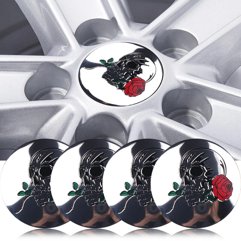 Car styling 4Pcs 56mm Cool Skull Roses Steering tire Wheel Center sticker Hub Cap Emblem Badge Decals Symbol accessories | Автомобили и