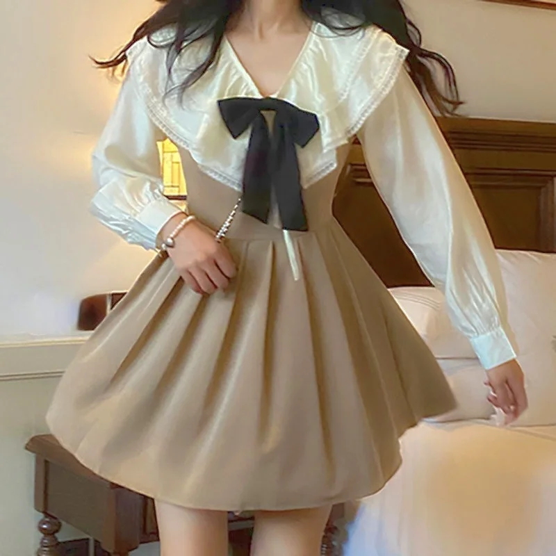 

Winter Kawaii Two Piece Set Dress Women Korean Style Sweet Party Mini Dress Female Patchwork Pleated Lolita Dress+Blouse 2021