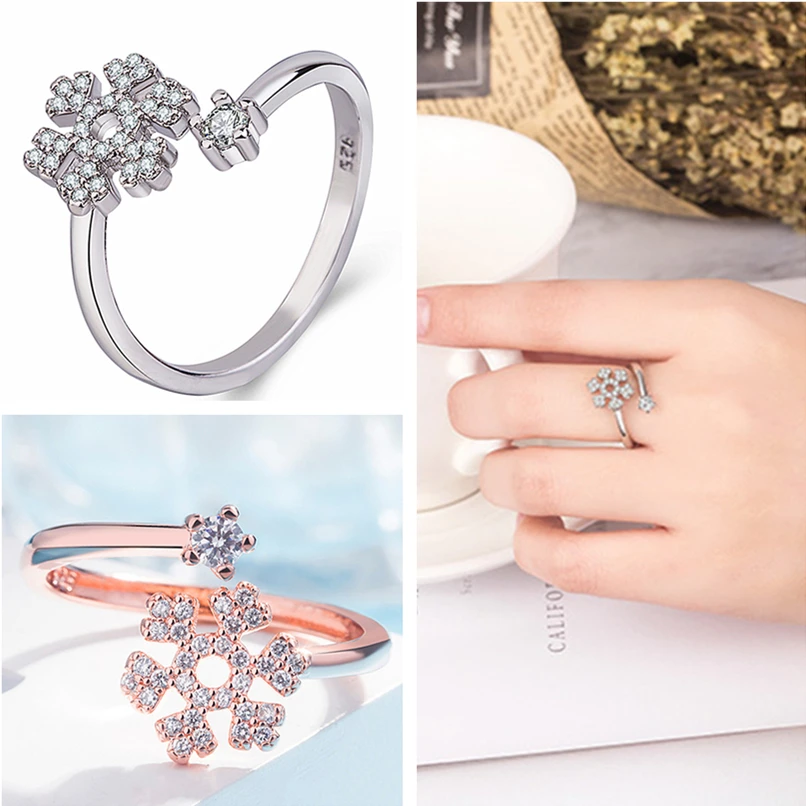 

Romantic Zircon Snowflake Ring Women Jewelry Adjustable Fashion 925 Sterling Silver Ring For Lady Party Anniversary Present