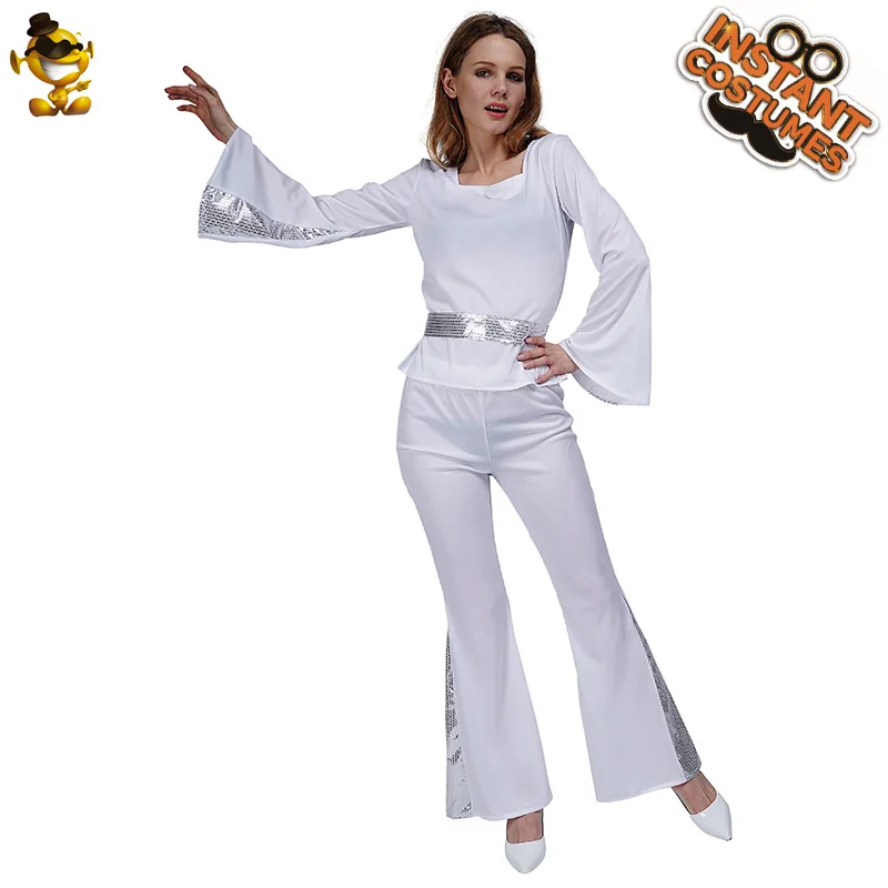 Женский костюм для дискотеки в стиле 70-х нарядное платье белый хиппи косплей
