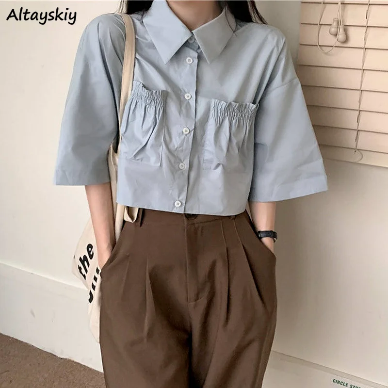 

Блузка женская укороченная однобортная, элегантная рубашка с коротким рукавом, универсальная пикантная модная дизайнерская одежда в Корей...