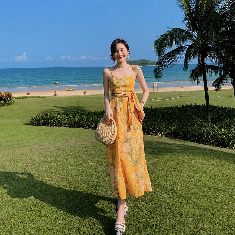 

Summer Women Beach Style Sexy Sleeveless Spaghetti Strap Print Bohemian Dress Casual Hollow Out Beach A-line Dress Vestidos
