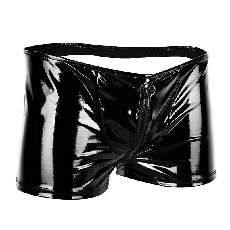 Mens Lingerie Gay Underwear Shiny Metallic Patent Leather Zipper Sexy Underpants Bulge Pouch Open Butt Boxer Briefs Panties |