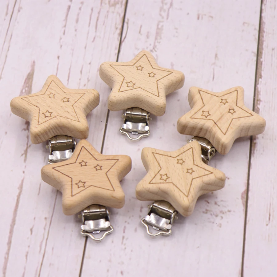 Soporte de madera de haya para chupete de beb&eacute;, cuentas de dentici&oacute;n de grado alimenticio personalizables, con forma de estrella y Animal, 10psc-4