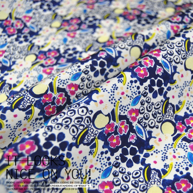 Шелковая хлопчатобумажная ткань тонкая рубашка 14 темно-синих рисовых цветов