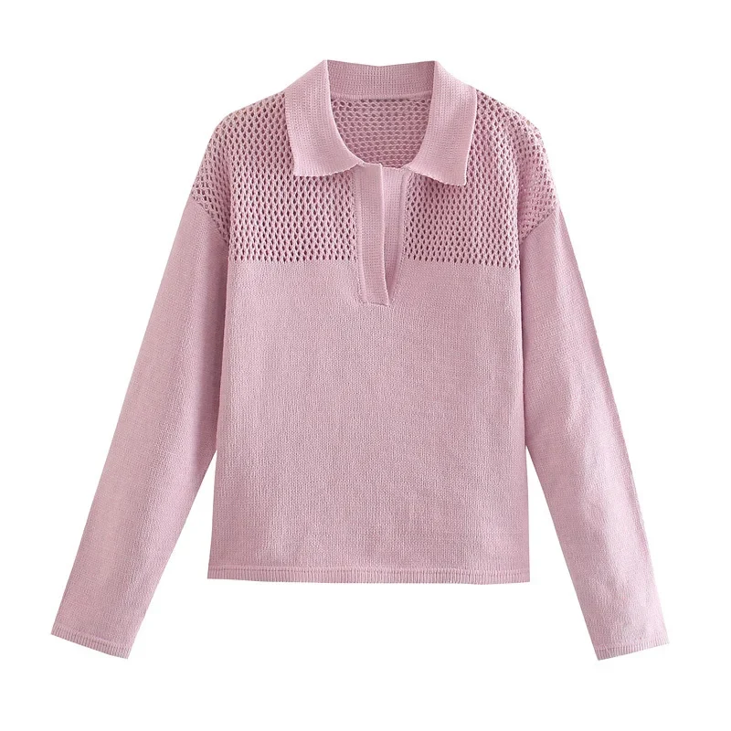 

UNIQYB ZA 2021 Women Sweater Fashion Hollow Pink Knitted Polo Collar Pullover Long Sleeve Top Female Casual Chic Jumpers Mujer
