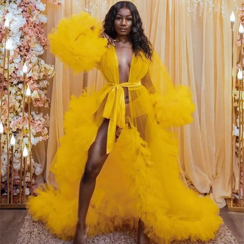 

Yellow Puffy Maternity Dress Gown for Photo Shoot Props Luxury Ruffles Maternity Photography Gown Costume Prom Dresses Bathrobe