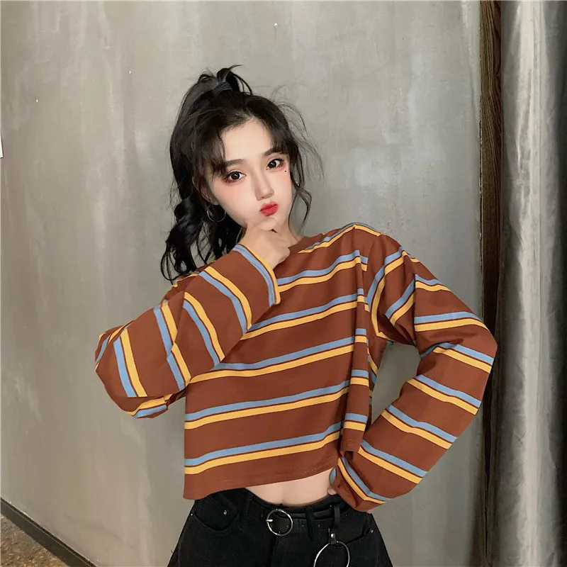 

Short top net red stripe loose long sleeve T-shirt women's fashion 2020