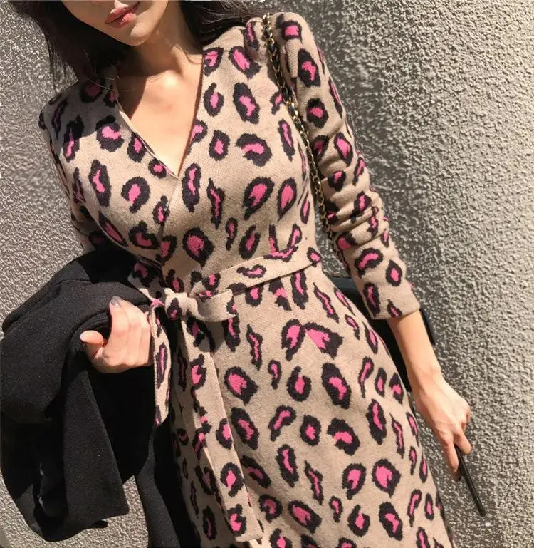 Vintage Leopard Print Long Maxi Dress Autumn V-neck Lace Up Bodycon Dress Knitted Split Winter Women Dress Party Vestidos S-2XL