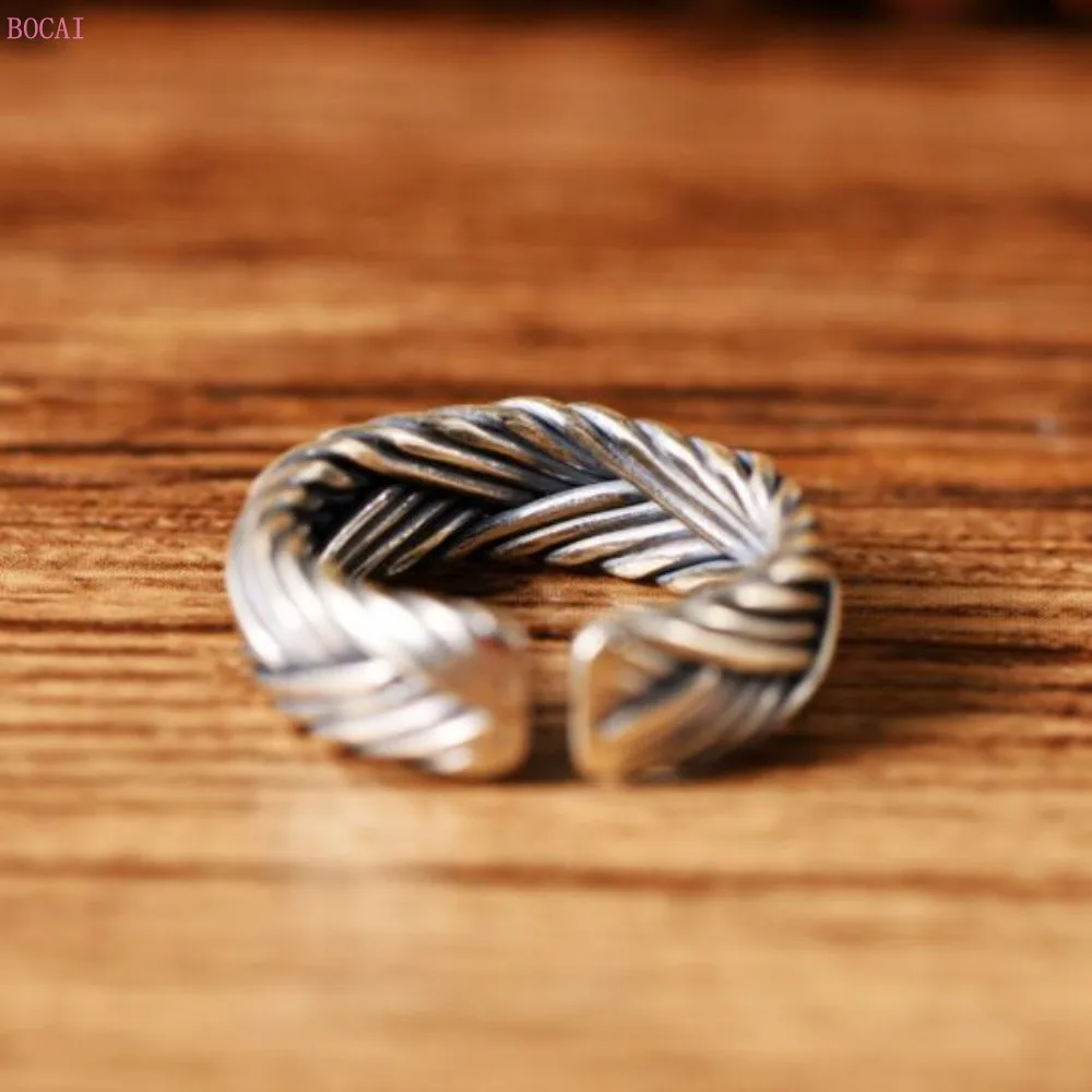 

2021 New S925 Pure Silver Retro Hand Woven Hip Hop Fashion Men's Silver Ring Women's Fashion Index Finger Ring For Men And Women