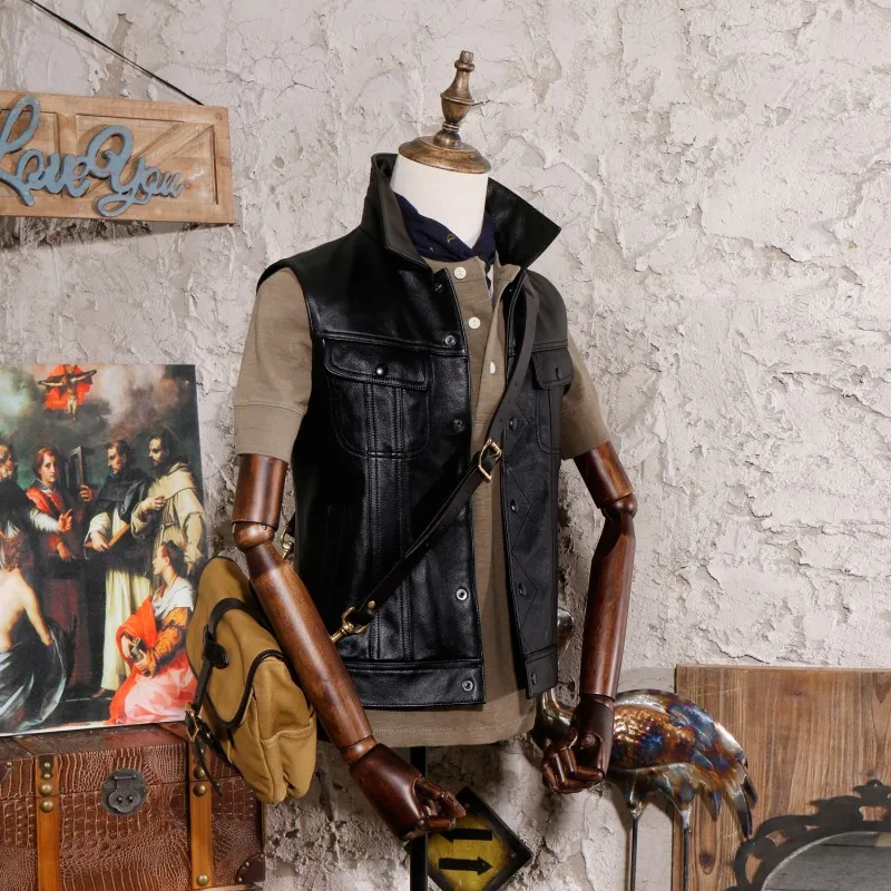 

Vest Punk Style Natural Cowhide Genuine Leather Mens Waistcoat Vintage Black Motorcycle Biker Sleeveless Jacket Men Cowboy Vests