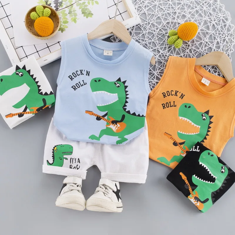 

Summer Children Cotton Baby Boys Clothes Cartoon dinosaur Sport Vest Shorts 2Pcs/sets Infant Out Kids Fashion Toddler Tracksuits