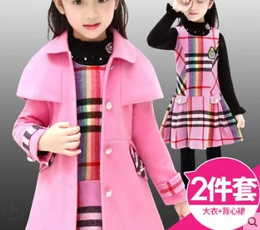 plaid 2 pcs Шерстяная Одежда для девочек комплект из 2 предметов, детское твидовое пальто+ клетчатое платье-жилет осенне-зимняя Детская шерстяная куртка+ платье, костюм-двойка, P4 - Цвет: plaid 2 pcs