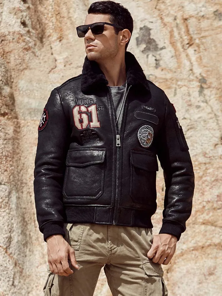 Denny &amp Dora новая мужская дубленка из овчины летная куртка черная кожаная короткие