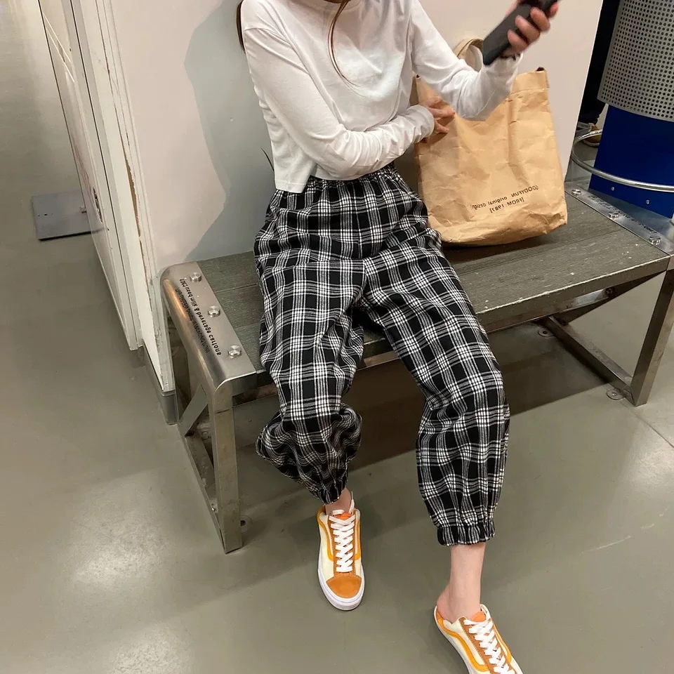 Клетчатые брюки свободные ноги 2020 летние тонкие универсальные повседневные с