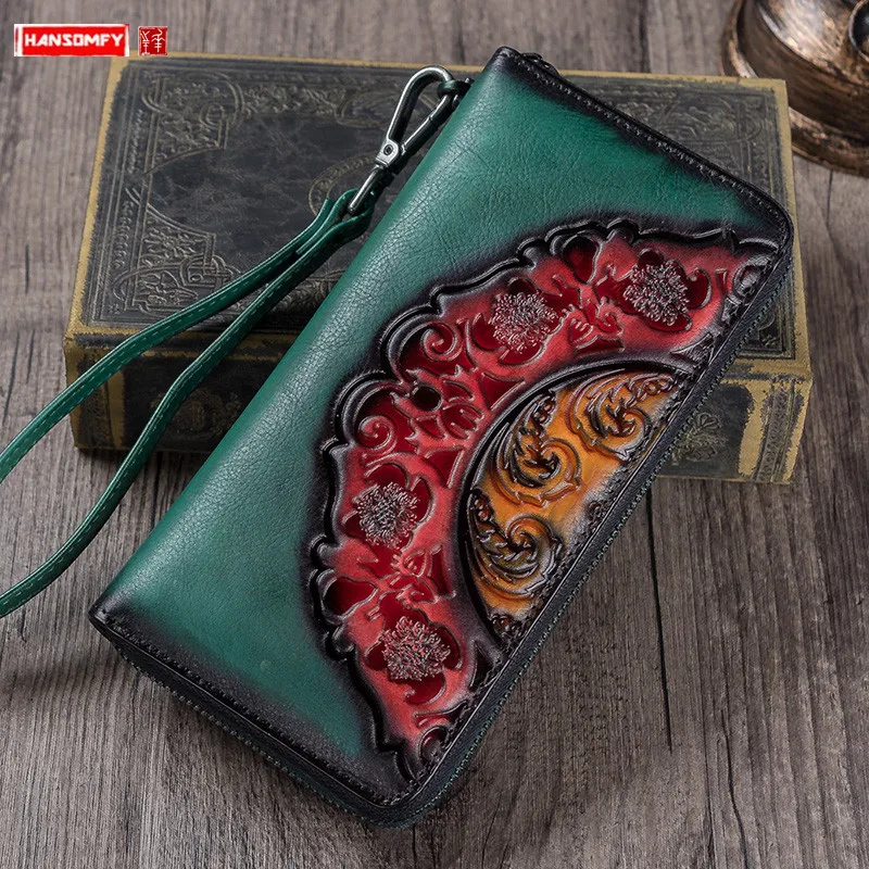 Women Wallet Handmade Ladies Clutch Bag Female Card Holder Long Zipper Wallets Leather Phone Purses First Layer Cowhide Vintage