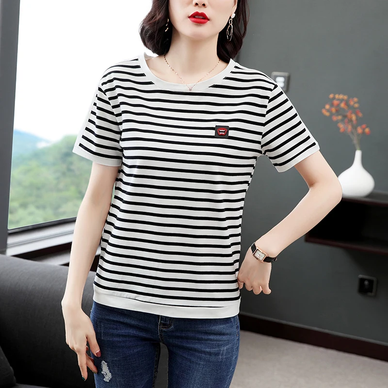 

WWENN 2021 Plus Size 4XL Summer Women Tops and Tshirt Womens Clothing Cotton Striped Shirt O-neck Ladies Slim Tees Feminine