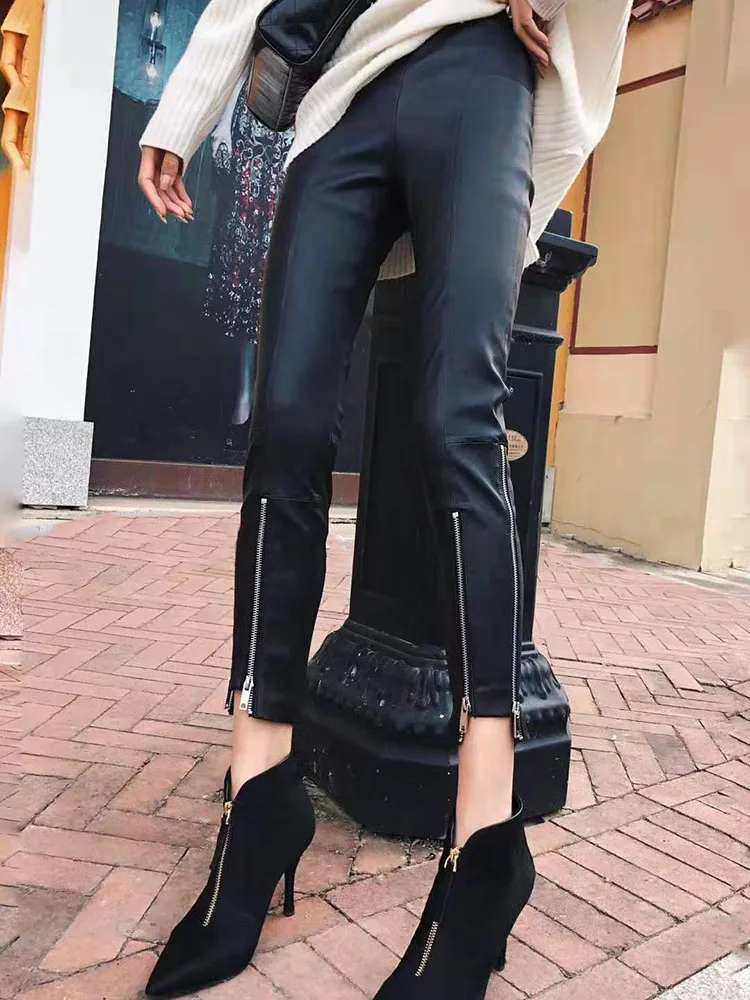 Real Sheepskin Leather Pants for Women 2021 Female High Waist Pencil Pants Slim Women's Trousers Kobieta Spodnie Zjt2165