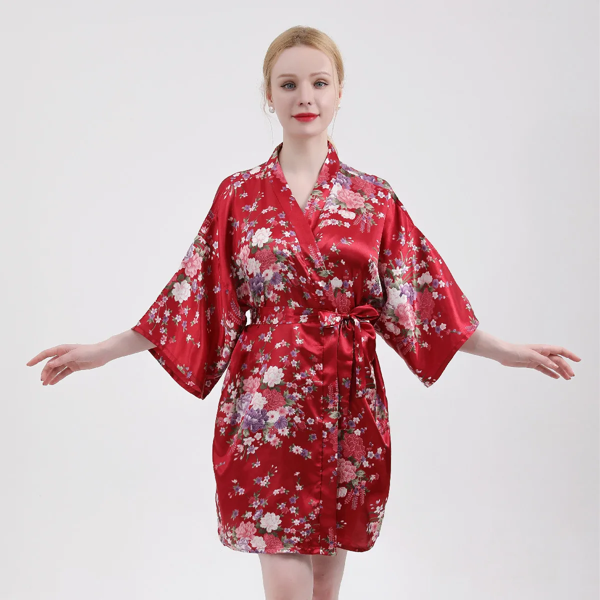 

BALDAUREN 2021Summer Women's Imitated Silk Fabric Flower Kimono Yukata Cardigan Bathrobe Cherry Blossom Robe Nightgown Dress Hot