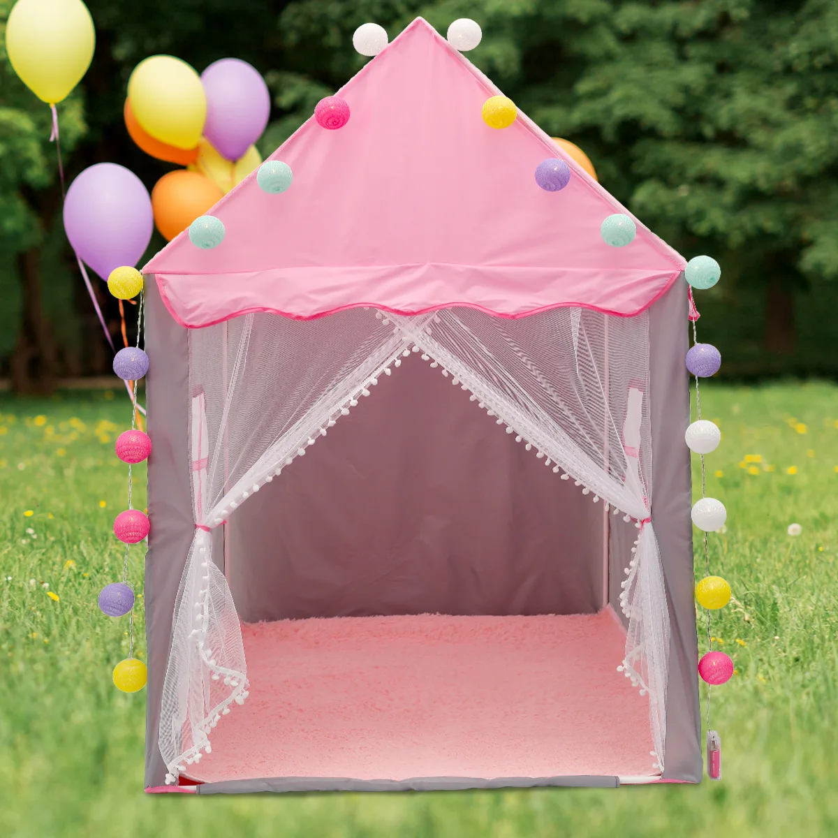 

Princess Castle Play Tent Large Space Fairy Playhouse Tent with Light String and Pad for Reading Relaxing Play Tent Kids Gift