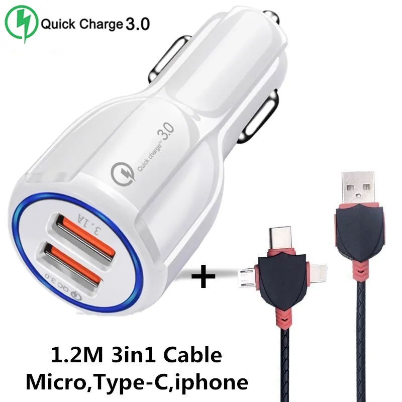 White 2USB and Cable Хорошая 3.1A 2 3 порта USB Автомобильное Зарядное устройство быстрой зарядки 3,0 телефона автомобиля-Зарядное устройство адаптер для samsung Xiaomi iphone Автомобильный держатель для телефона на зарядный кабель - Тип штекера: White 2USB and Cable