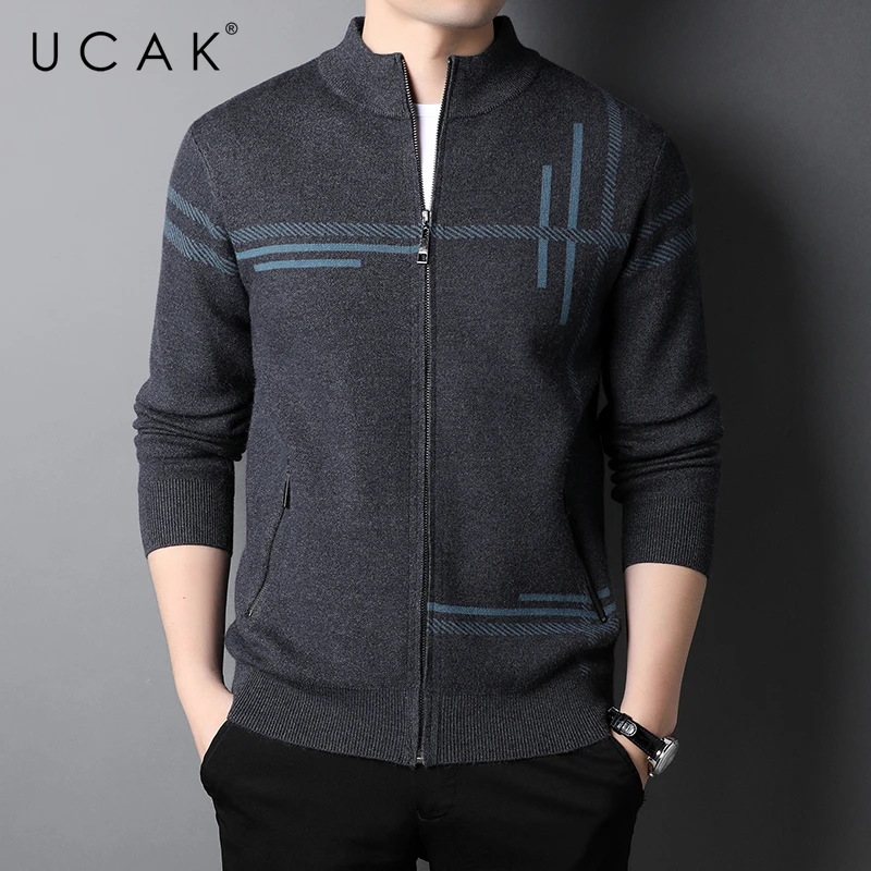UCAK Brand Classic Casual O-Neck Zipper Cardigans Men Sweatercoat Clothing Streetwear Striped Oversize Cardigan Pull Homme U1342