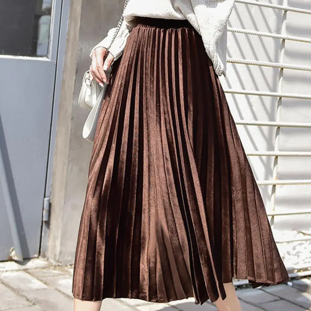 Бархатная плиссированная юбка с высокой талией женская зимняя винтажная черная